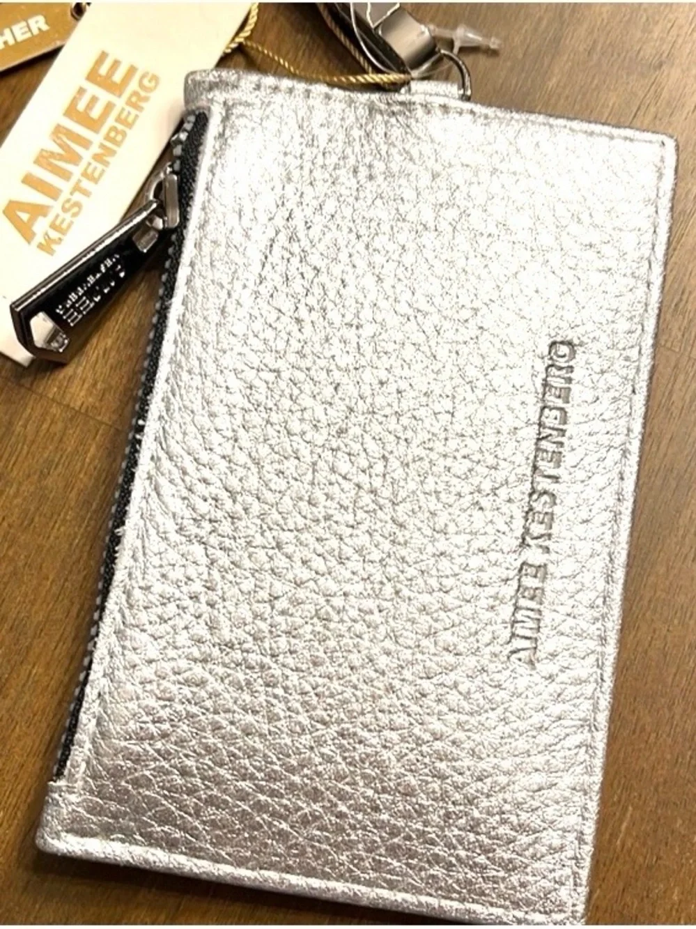 Aimee Kestenberg Lanyard Lima Leather Card Wallet Silver Metallic NWT - Picture 3 of 6